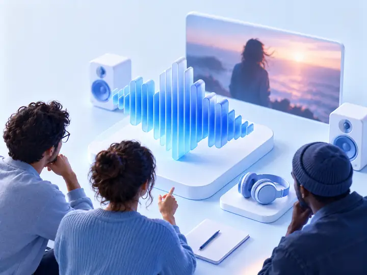 A creative team reviewing the soundtrack of a campaign video