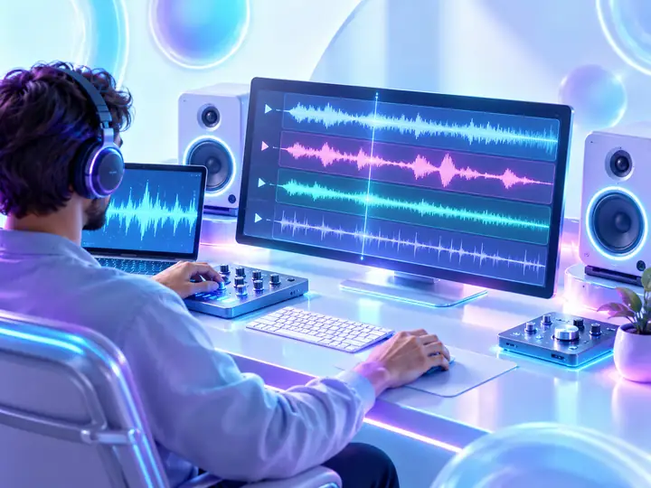 A music producer reviewing separate audio waveforms at a workstation