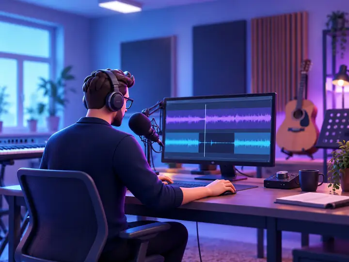 An educator preparing a recorded lesson with audio editing tools