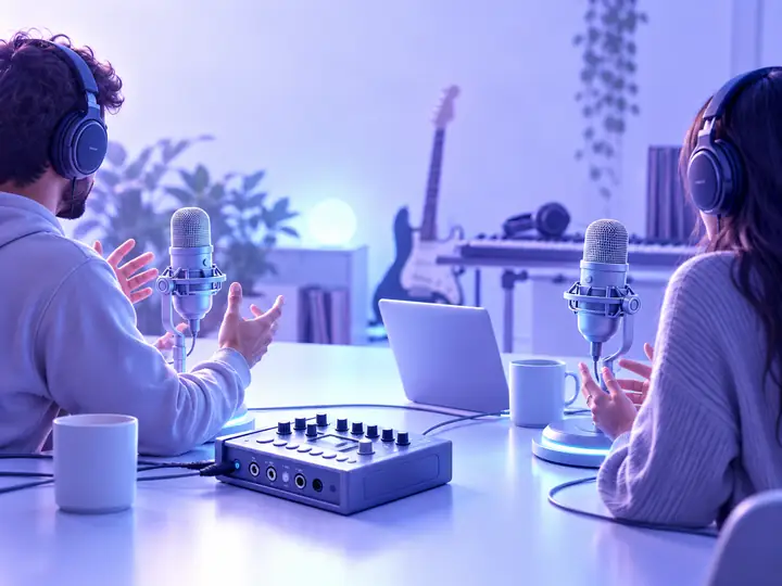 Podcast hosts recording a conversation with microphones and headphones