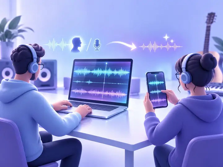 Two creators working with audio waveforms on a laptop and phone